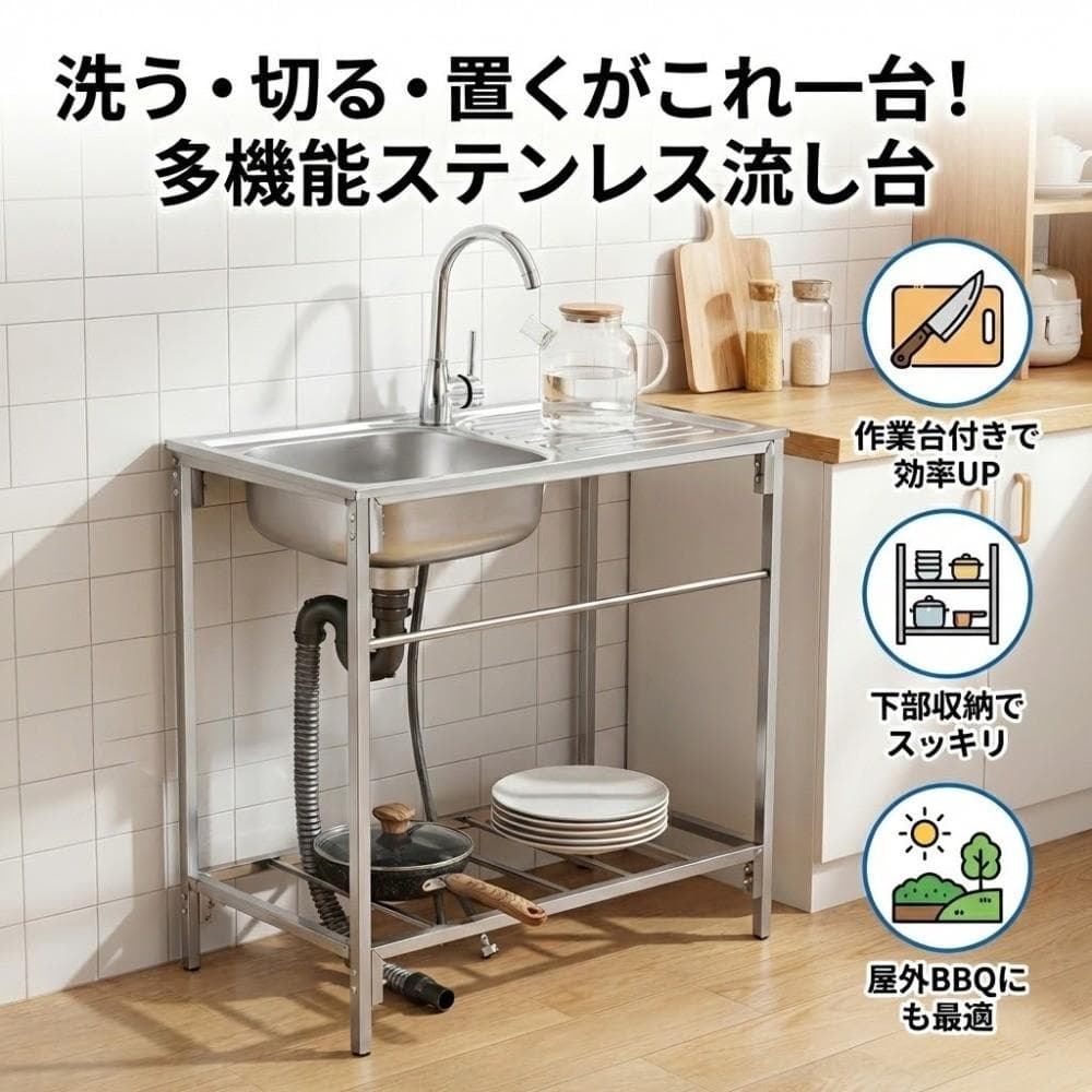 流し台ステンレス屋外ガーデンシンク簡易シンク幅75cm作業台付き深型DIYBBQ