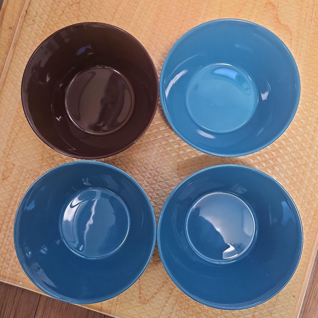 青色 プレートとボウル3個&茶色ボウルの５点セット