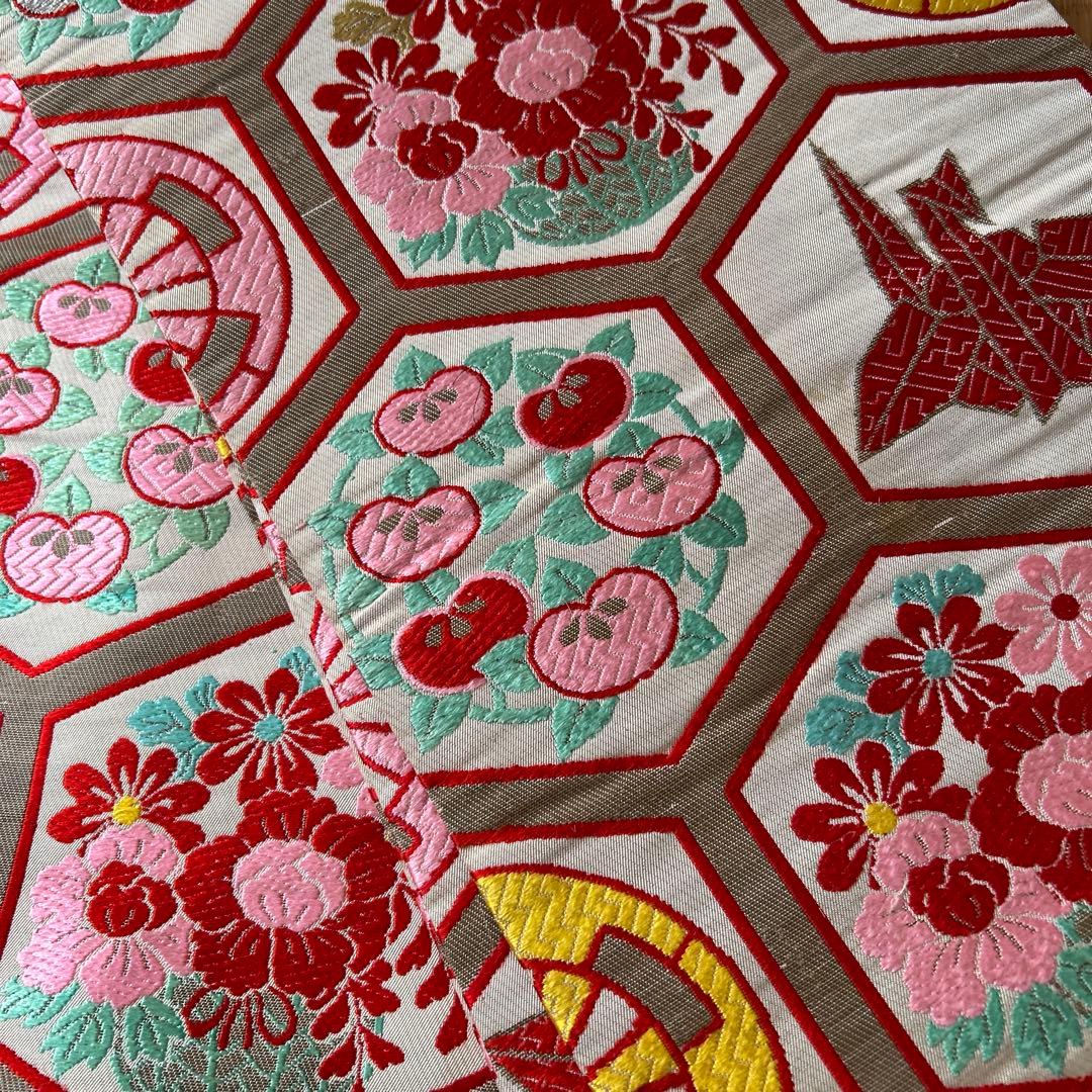 七五三　結び帯　帯　両面柄　赤　7歳　七歳　豪華両面柄入り　折鶴　折り鶴　鶴