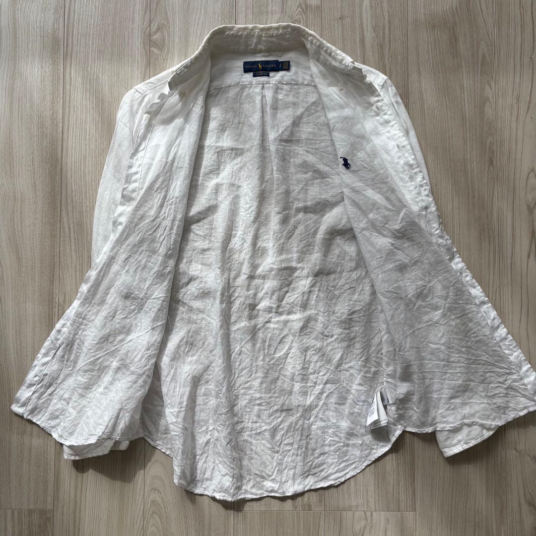ポロラルフローレン リネン100% 長袖シャツ S ホワイト ポニー刺繍 近年