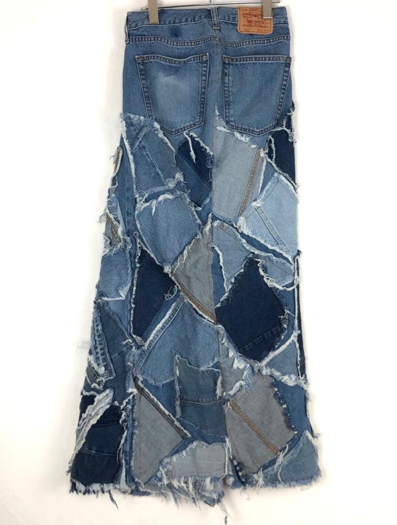 3054 リメイク　デニムスカート　再構築　パッチワーク　青