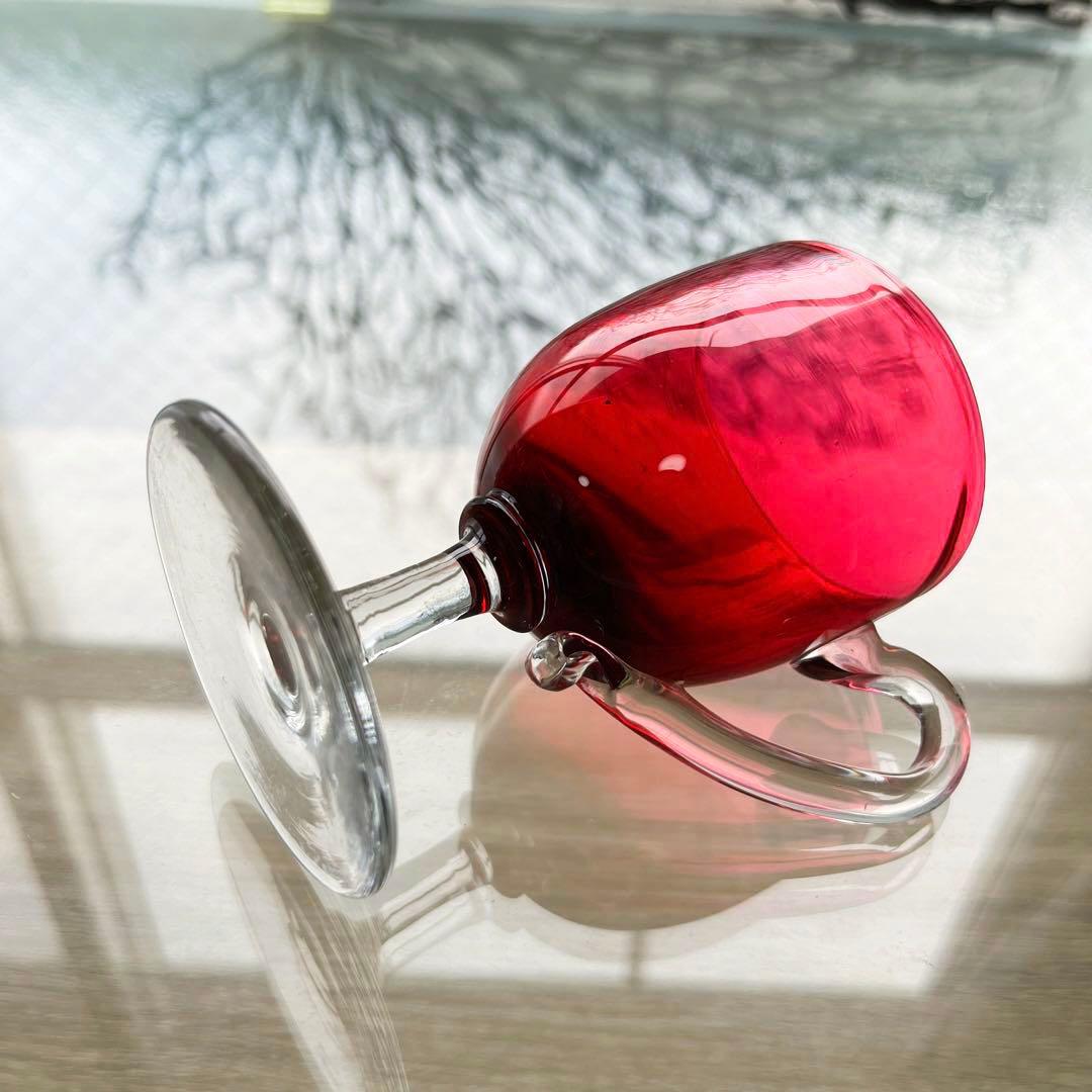 骨董　時代ガラス　希少　金赤ガラス　取手付き　アイスクリームコップ　ウラン