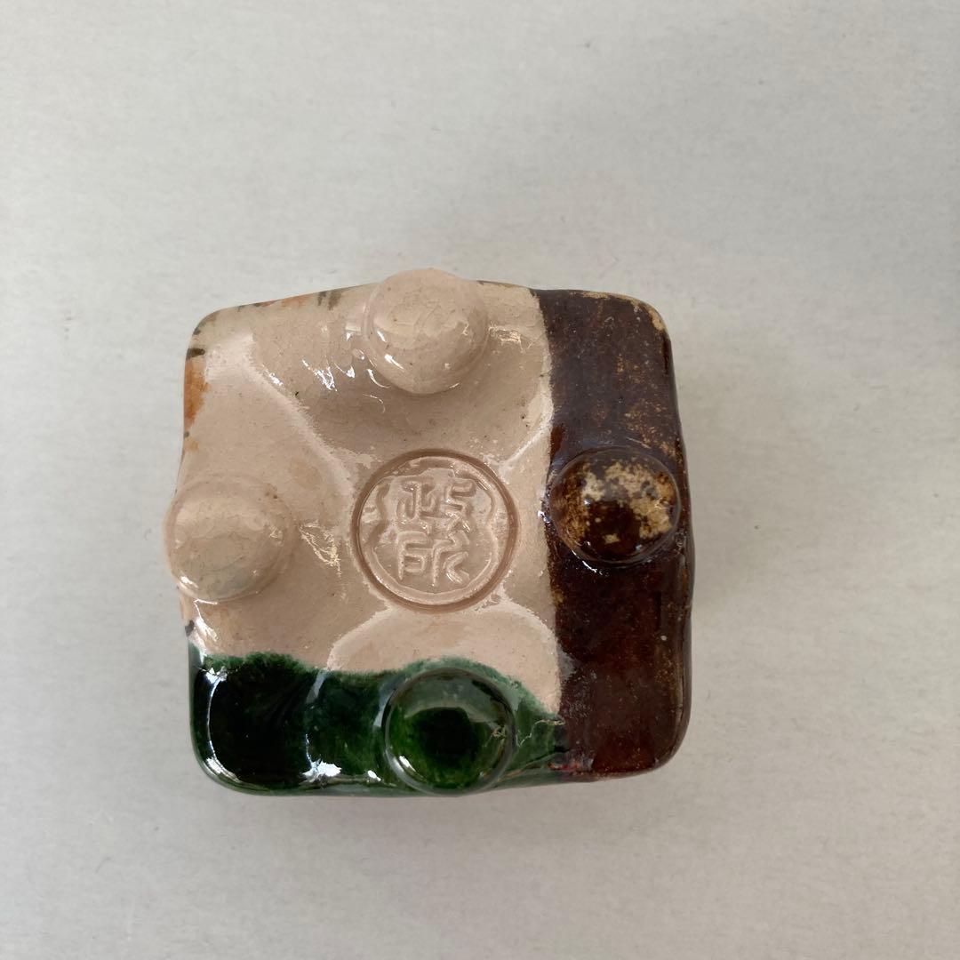 織部　四方香合　手付き　政所窯　明道　共箱　共裂